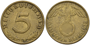 Германия 5 рейхспфеннигов 1938 D KM 91, J. 363 алюминиевая бронза 4151-837