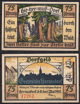 Германия, Хермсдорф 75 пфеннигов 1921 DeNG 2 600.1 4/4 бумага 7555-43-3-1