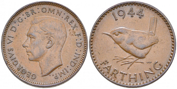 Великобритания 1 фартинг 1944 Георг VI (1936-1952) KM 843, Spink 4116 бронза 4549-165