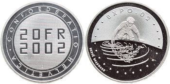 Швейцария 20 франков 2002 В, ЭКСПО 2002, в запайке KM 101 серебро PROOF 1524-1013