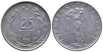 Турция 25 курушей 1973 KM 892.3 нержавеющия сталь 4681-815