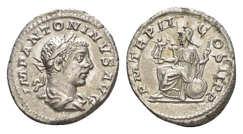 Римская Империя денарий 219 Элагабал, IMP ANTONINVS AVG, бюст императора/ P M TR P II COS II P P, богиня Рома, Рим, About extremely fine RIC 16 серебро 00-812-44