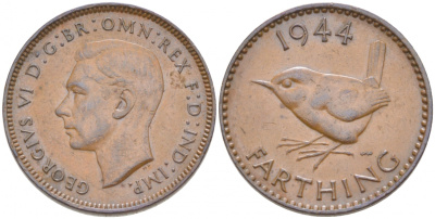 Великобритания 1 фартинг 1944 Георг VI (1936-1952) KM 843, Spink 4116 бронза 4549-165
