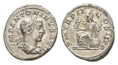 Римская Империя денарий 219 Элагабал, IMP ANTONINVS AVG, бюст императора/ P M TR P II COS II P P, богиня Рома, Рим, About extremely fine RIC 16 серебро 00-812-44