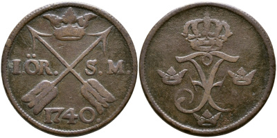 Швеция 1 эре 1740 S.M. Фредерик I (1720-1751) KM 416.1 медь 41-222