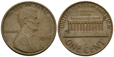США 1 цент 1974 Линкольн KM 201 медь цинк 4136-142