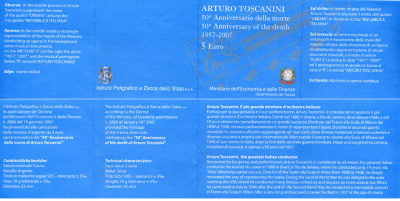 Италия 5 евро 2007 дирижер Артуро Тосканини, в оригинальной коробке, с сертификатом KM 324 серебро UNC 1-4-4-08