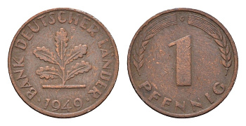 ФРГ 1 пфенниг 1949 G KM A101, J. 376 сталь плакированная медью 4685-351