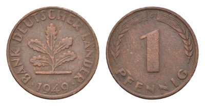 ФРГ 1 пфенниг 1949 G KM A101, J. 376 сталь плакированная медью 4685-351