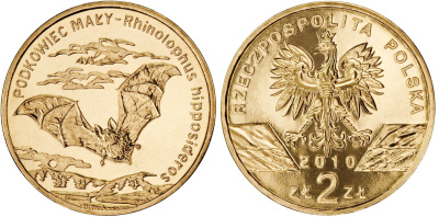 Польша 2 злотых 2010 MW, серия всемирная природа, подковоносная летучая мышь KM 723 нордик UNC 4448-1254