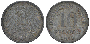 ГЕРМАНИЯ 10 ПФЕННИГОВ 1919 KM 26, J. 299 цинк 45-1254