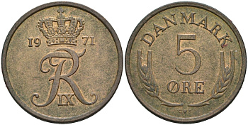 Дания 5 эре 1971 Фредерик IX (1947-1972) KM 848 бронза 4571-334