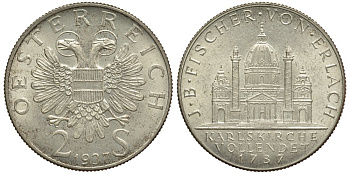 Австрия 2 шиллинга 1937 200 лет церкви Святого Чарльза в Вене KM 2859 серебро 413-2114