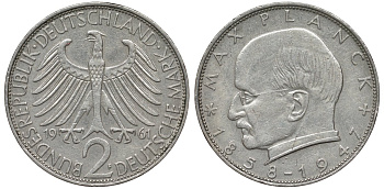 ФРГ 2 марки 1961 F, Макс Планк KM 116, J. 392 медно-никель плакированный никелем 4681-713