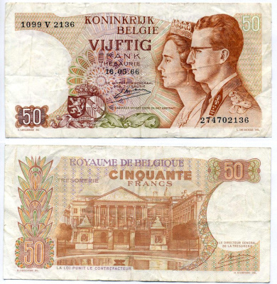 Бельгия 50 франков 1966 16 МАЯ 1966 Pick 139(3) бумага VF 7219-47-3-2