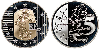 Франция 5 евро 2003 сеятель, золотая вставка, тираж 2504 экз.  биметалл  PROOF  00-806-37