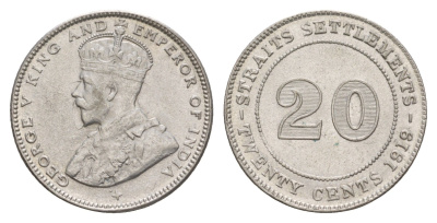 Стрейтс-Сетлментс (Стрейтс Сетлментс) 20 центов 1919 B, Георг V (1910-1936), год-тип KM 30a серебро 1522-134