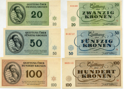 Чехия, Терезинштадт набор из 7 банкнот 1, 2, 5, 10, 20, 50, 100 крон 1943 Терезинское гетто, Еврейское гетто, лагерные деньги бумага UNC (пресс) 451-334-1