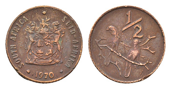 ЮАР 1/2 цента 1970 два капских воробья на ветке KM 81 бронза 4685-1269