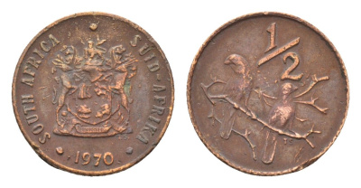 ЮАР 1/2 цента 1970 два капских воробья на ветке KM 81 бронза 4685-1269