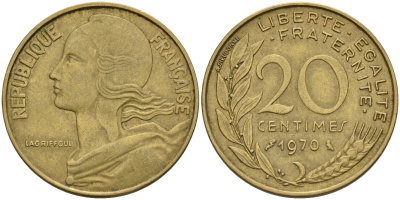 Франция 20 сантимов 1970 тип Marianne KM 930 алюминиевая бронза    4603-113