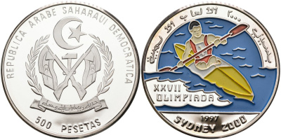 Западная Сахара 500 песет 1997 XXVII Олимпийские игры в Сиднее, гребля на каяках, цветная эмаль KM 34 серебро PROOF 11-321-41