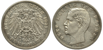 Бавария 5 марок 1901 D, Отто (1886-1913) Weege 47, J. 46, KM 512 серебро 413-5445