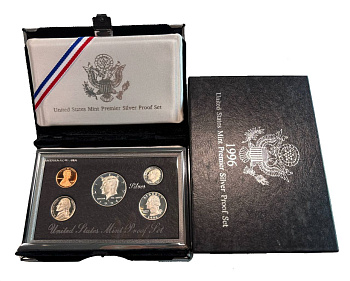 США официальный набор из 5 монет, в престижной упаковке 1996 S, Джон Кеннеди, в твердом пластике, Premier Silver Proof Set KM PS 188 серебро  PROOF  14-01-02-15