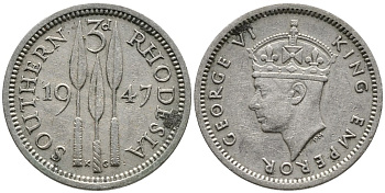 Британская Южная Родезия 3 пенса 1947 Георг VI (1936-1952) KM 16b медно-никель 4532-233
