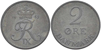 Дания 2 эре 1957 C; S, Фредерик IX (1947-1972) KM 840.2 цинк 67-251
