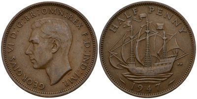 Великобритания 1/2 пенни 1947 Георг VI (1936-1952) KM 844, Spink 4115 бронза 4601-431