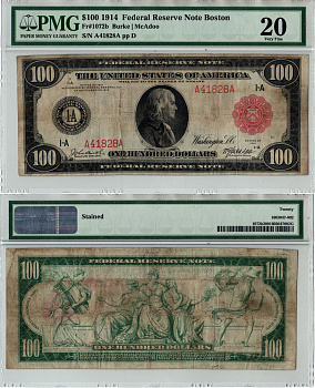 США, Federal Reserve Note 100 долларов 1914 Бостон. В слабе компании PMG. Сохранность - «20» Красная печать Fr. 1072 B  бумага   10-3-13