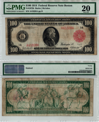 США, Federal Reserve Note 100 долларов 1914 Бостон. В слабе компании PMG. Сохранность - «20» Красная печать Fr. 1072 B  бумага   10-3-13