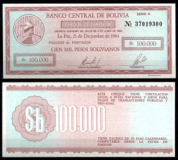 Боливия 100000 песо 1984 Pick 188 бумага UNC (пресс) 6280-55-4-2