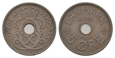 Дания 5 эре 1927 NCH, Кристиан X (1912-1947) KM 828 бронза 4700-747
