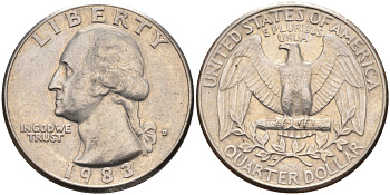 США 25 центов = квотер 1983 D, Вашингтон KM A164a медь плакированная медно-никелем 4584-1157