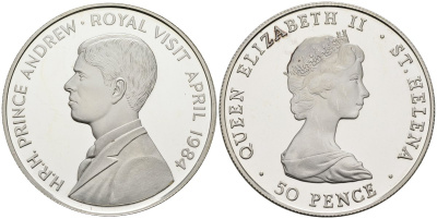 Остров Святой Елены 50 пенсов 1984 королевский визит принца Эндрю, тираж 5000 экз. KM 13а серебро PROOF 00-00