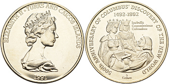 Теркс и Кайкос 5 крон 1991 500 лет открытия Америки, Колумб и королева Изабелла KM 75 медно-никель  UNC 1078-1-63