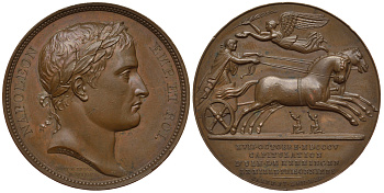 Франция медаль 1806 Наполеон I Бонапарт, капитуляция Ульма и Меммингена, колесница, ангел, 36,19 гр., диаметр 40,5 мм. Bramsen 433. Slg. Julius 1414 бронза 10-011-34