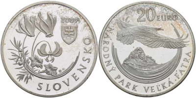 СЛОВАКИЯ 20 ЕВРО 2009 НАЦИОНАЛЬНЫЙ ПАРК И ГОРНЫЙ МАССИВ ВЕЛЬКА-ФАТРА, ТИРАЖ 12600 ЭКЗ. KM 109 серебро PROOF 02-109-41