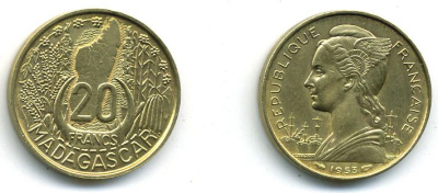 МАДАГАСКАР 20 ФРАНКОВ 1953 бронза 4-947