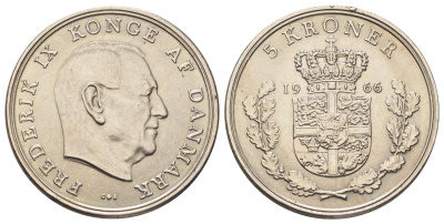 Дания 5 крон 1966 KM 853 медно-никель UNC 57-621