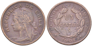 Чили 1 сентаво 1904 KM 161.1 медь 4621-711