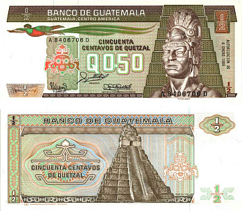 Гватемала 0,50 кетсаля 1988 Текун Уман, 6 января 1988, в оригинальном буклете Pick 65 бумага UNC (пресс) 7215-2-1