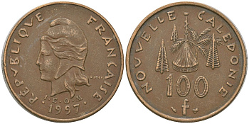 Французская Новая Каледония 100 франков 1997 хижина среди сосен и пальм, (IEOM) KM 15, Schoen 16, Lec 139а никель латунь 4140-1042