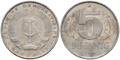 ГДР 5 пфеннигов 1968 A KM 9.1 алюминий 211-916