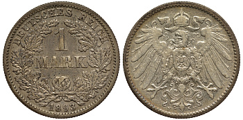 Германия 1 марка 1893 F, цена по каталогу MT 75 евро Weege 18, J. 17, KM 14 серебро aUNC 413-5411