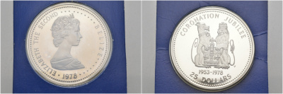 БЕЛИЗ 25 ДОЛЛАРОВ 1978 25 ЛЕТ КОРОНАЦИИ ЕЛИЗАВЕТЫ KM 54 серебро PROOF 01-345-15