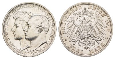 Саксен-Веймар-Эйзенах 3 марки 1910 A, Свадьба Вильгельма и Феодоры KM 221, J. 162 серебро 1523-1122