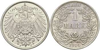 Германия 1 марка 1914 F Weege 18, J. 17, KM 14 серебро aUNC 98-1211